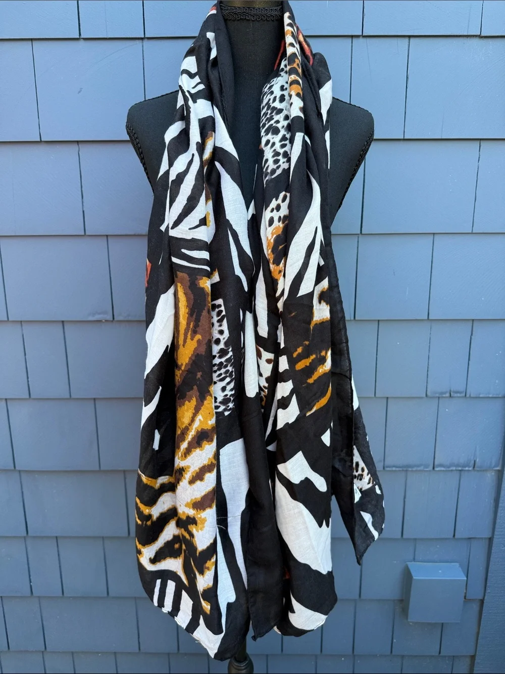Jessica McClintock Animal Print Black White Brown Wrap Scarf